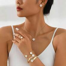 Five-Petal Flower 5-Piece Set Necklace Bracelet Bangle Earrings Ring Elegant Set - Hồng - Xem 2