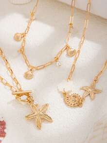 Set de 3 collares de mujer con elementos marinos de moda al estilo Ins, que incluye concha, estrella de mar y caracol, con cadena versátil de perlas y cuentas, un gran regalo