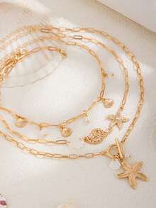 Set de 3 collares de mujer con elementos marinos de moda al estilo Ins, que incluye concha, estrella de mar y caracol, con cadena versátil de perlas y cuentas, un gran regalo
