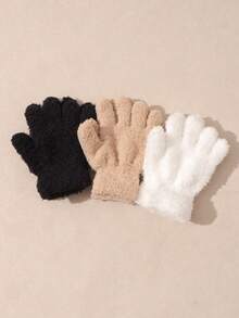 3 Pairs Children's Solid Color Half-Fleece Knitted Gloves, Warm For Autumn/Winter