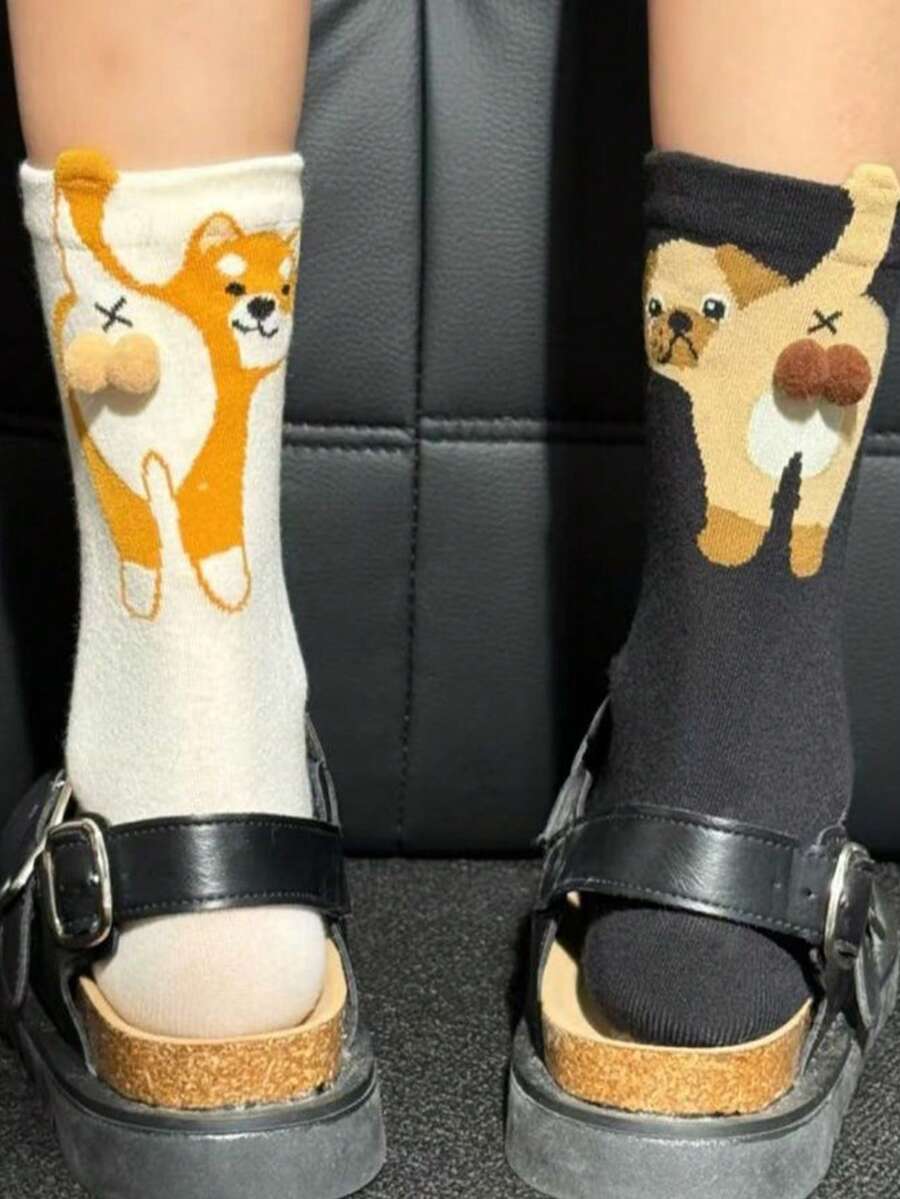 1/4 双卡通猫 3D 铃铛蛋女士袜子，四季中筒袜，可爱俏皮，采用四种动物图案：哈士奇、北京犬、柴犬、暹罗猫、卡通猫和狗铃铛蛋图案 - 彩色 - 查看 1