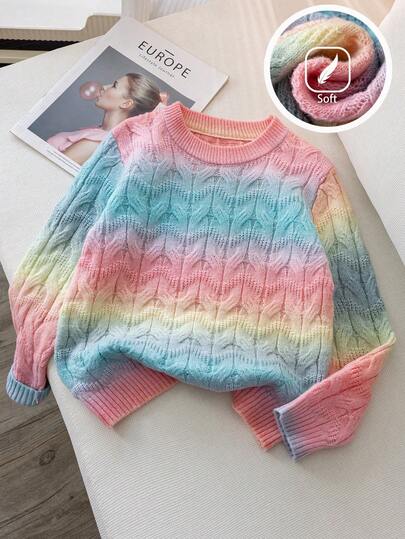 Girls & Teens Ombre Knit Pullover Sweater, Cute Style Suitable For Vacation, Daily Wear, Spring, Autumn, Winter
