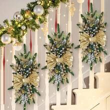 1 pièce Couronne d'escalier de Noël de 60*30 cm avec nœud et boules, couronne d'hiver artificielle, convient pour la porte d'entrée, la rambarde, le mur, la décoration de fenêtre - décoration de fête avec des accents dorés et rouges, décoration murale pour la maison