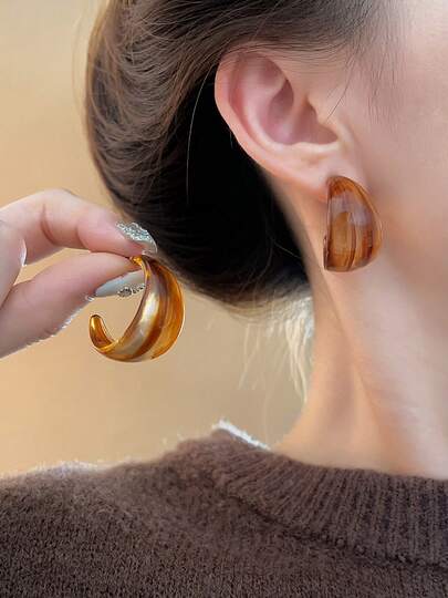 1 Pair Vintage Tie Dye Brown Half-Circle Exaggerated Drop Earrings, Suitable For Women's Vacation, Party, Holiday, Couple Date, Birthday Gift, Mother's Day Gift