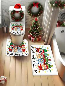 [Christmas Bluey Shower Curtain Window Curtain Set] 1/3/4pcs Christmas Solid Color Santa Hat Bluey Family And Friends Holiday Pattern Printed Shower Curtain Set, Modern Design, Suitable For All Seasons, Waterproof Polyester Hooks And Lining, Flannel Material, Soft Surface, Absorbent Anti-Slip Bathroom Mat, Bathroom Set Includes U-Shaped Mat, Toilet Mat, Anti-Slip Bathroom Mat And Bathroom Accessories, Home Decor, Holiday Decor, Christmas Gift, Daily Decor, Gift Giving