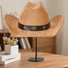 Sombrero de vaquera para hombre y mujer, sombrero Fedora de ala ancha con remaches y cinturón, sombrero de lana de fieltro, gorra de jazz para fiesta - Camel - Ver 3