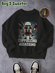 Sudadera con capucha Cappuccino Assassino para niño - Sudadera negra vibrante de manga larga con diseño de taza de café de dibujos animados, mezcla de poliéster elástico, lavable a máquina, ideal para deportes al aire  ropa informal, primavera, otoño e invierno, ideal para el día a día de los jóvenes | Sudadera con capucha con gráfico divertido | Sudadera con capucha de tejido elástico - negro - Ver 9