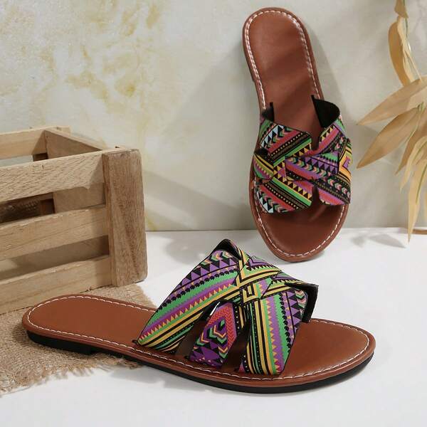 New Colorful Women Flat Sandals, Tropical Print Bohemian PU Leather Quilted Flat Sandals, Comfortable Breathable For Beach, Spring/Summer