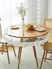 Przezroczysty plastikowy ochraniacz na obrus, okrągły, wodoodporny, winylowy pokrowiec na stół z tworzywa PVC z białą koronkową krawędzią, odporny na wycieki oleju pokrowiec na stół jadalny do kuchni i domu