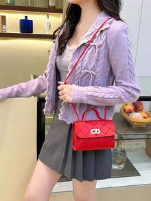 Women's Fashion Minimalist Rhombus Mini Square Bag, Embossed PU Leather With Metal Clasp - Crossbody/Handbag For Daily Use - Red - View 10