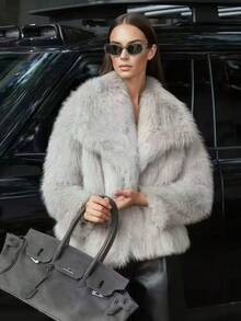 Neuer Herbst/Winter Dicker Kunstpelz Kragen Kunstpelz gefüttert Mittellanger modischer Pelzeffekt Kurzer Mantel