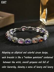KMT 1 pièce Bracelet ovale incrusté de cubic zirconia cubique en cuivre, design luxueux et raffiné, convient pour le port lors de banquets, de fêtes et d'autres occasions nécessitant des points forts - Style ovale - Voir 3
