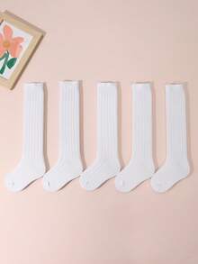 5 Pairs Girls Ribbed Knee High Socks, White Everyday Versatile Socks For Girls