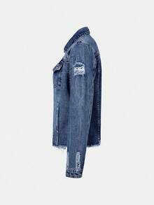 Women's Denim Jacket With Long Sleeves And Buttoned Distressed Denim Jacket - Medium Wash - View 3