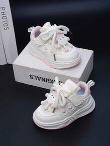 1 Pair Cartoon Character PU Material Pink Lace-Up Children's Sports Shoes, Fashion Versatile Comfortable Toddler Walking Shoes, Casual Lightweight Girls Running Shoes, Suitable For Daily Wear - Pink - View 4