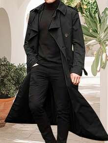 Men's Autumn Winter Long Coat Long Sleeve Lapel Solid Color Belted Windbreaker Jacket - 黑色 - 查看 5