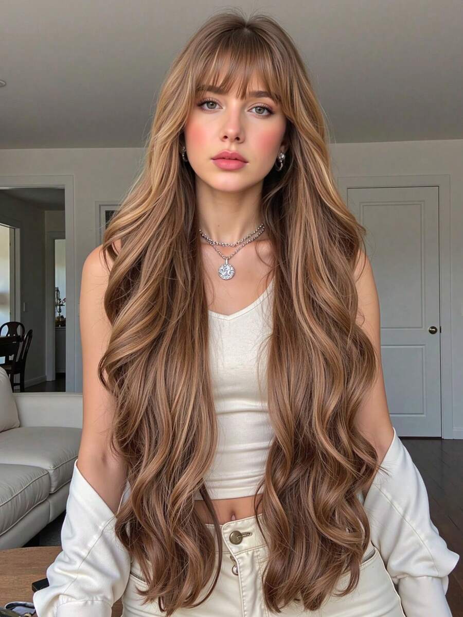 30 Inch Long Wig With Bangs Brown Synthetic Wigs For Women Bobo Wave Heat Resistant Long Wig Daily Party Uesd - 棕色 - 查看 1