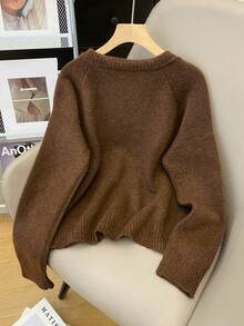 Cárdigan casual de mujer con mangas raglán y cordones, unicolor, para otoño/invierno - Café integral - Ver 5