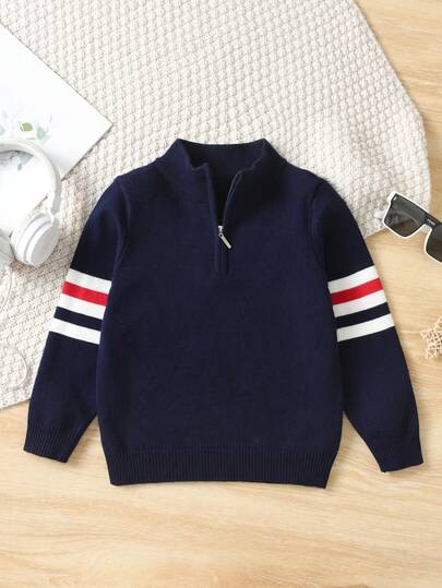 Young Boy School Style Contrast Striped Half Zip Stand Collar Sweater, Suitable For School, Spring, Autumn, Winter