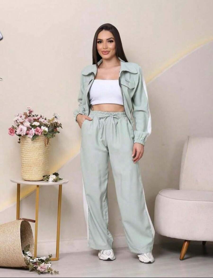Women's Two-Tone Business Aerolook Elegant Comfortable Travel Chic Striped Set - 薄荷綠 - 查看 1