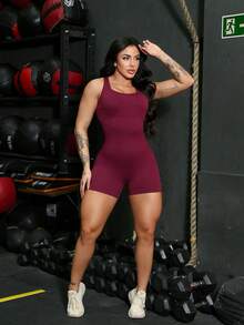 Seamless High Waist Ribbed Sports Gym Yoga Jumpsuit YI-60 - Burgundy - View 4