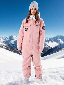 1件中性款連身式滑雪服，工裝風，寬鬆落肩設計，側開衩下擺，粉色運動風 - 粉色 - 查看 3