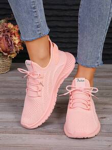 4 Season New Knit Mesh Breathable Lace-Up Casual Sneakers, Comfortable Elastic Soft Sole Outdoor Running Shoes, Walking Shoes, Commuting Shoes, Fitness Shoes - Pink - View 4