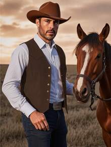 Retro Men's Western Cowboy Suit Vest Slim Fit V Neck Suede Leather Dress Vests Vintage Prom Wedding Casual Waistcoat