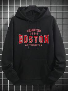 Men's Boston Letter Print Casual Hoodie Sweatshirt, Back To School, Autumn/Winter, Long Sleeve Top - Black - View 6