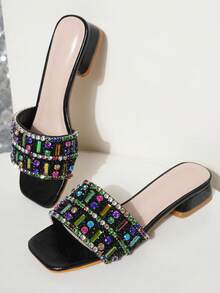 Women's Agate Crystal Embellished Colorful Chain Sandals, Luxury Rhinestone Beach Vacation Party Wedge Slippers,Spring Summer Outfits - Black - View 2