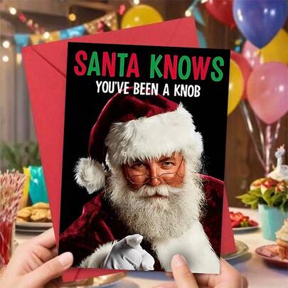 1 张带有圣诞老人的圣诞贺卡，带信封，“圣诞老人知道你是个小家伙”幽默信息，非常适合家人和朋友 - 圣诞节贺卡 - 可个性化的空白处用于祝福 - 精美的图案设计