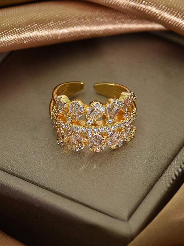 1pc Fashionable Elegant Luxury Gold-Plated Zirconia Leaf Ring, Suitable For Women's Daily, Festival, Party, Travel Wear And Ramadan Gift