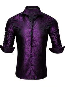 Mens Shirt Purple Floral Long Sleeve Regular Set Wedding Formal Casual Business Party - 紫色 - 查看 3