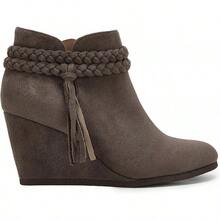 Womens Wedge Ankle Boots Braided Fringe Strap Western Heeled Fall Booties Dress Shoes - 2-Xám đậm (giả da lộn) - Xem 4