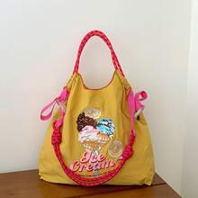 Women's Tote Bag, Sweet Ice Cream Embroidery Design, Lightweight Large Capacity, Suitable For Shopping, Party, Commuting, Christmas Gift, Handbag, Commuter Bag, Ladies Purse