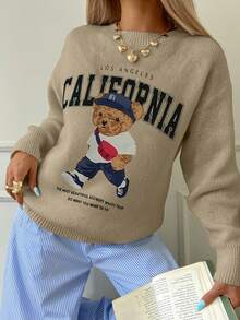 كنزة صوفية نسائية كاجوال بطبعة رقمية لدب، رقبة طاقم، مناسبة للارتداء اليومي والتنقل والتسوق، خريف/شتاء - متعدد الألوان - مشاهدة 5