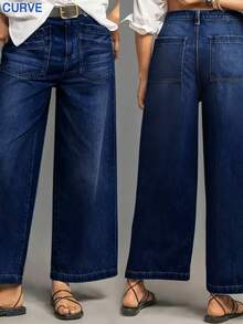 大码阔腿牛仔裤 - 弹性人造丝、复古水洗、七分裤、纽扣门襟、女士休闲周末牛仔裤、休闲装|复古水洗牛仔裤|时尚阔腿牛仔裤、女性复古风、返校季、女士教师装、女士办公室装、女士妈妈装、女士复古服装、宽松牛仔裤、女士牛仔装、女士下装、商务休闲女装、加大码服装 - 藍色 - 查看 1