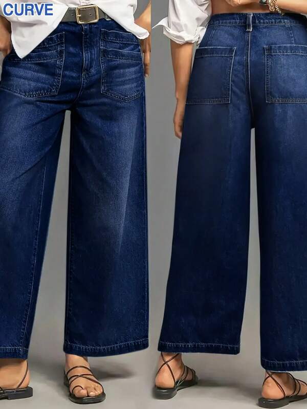 Plus Size Wide Leg Jeans - Stretchy Rayon, Vintage Wash, Cropped, Button Fly, Casual Weekend Jeans For Women, Casual Wear Vintage Wash Jeans