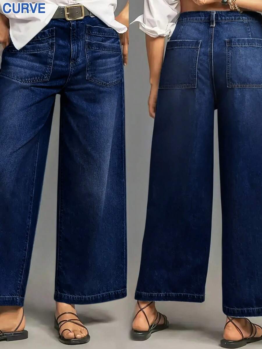大码阔腿牛仔裤 - 弹性人造丝、复古水洗、七分裤、纽扣门襟、女士休闲周末牛仔裤、休闲装|复古水洗牛仔裤|时尚阔腿牛仔裤、女性复古风、返校季、女士教师装、女士办公室装、女士妈妈装、女士复古服装、宽松牛仔裤、女士牛仔装、女士下装、商务休闲女装、加大码服装 - 藍色 - 查看 1