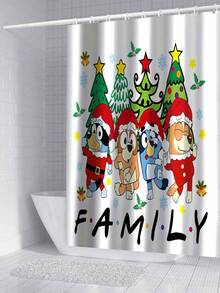 [Christmas Bluey Shower Curtain Window Curtain Set] 1/3/4pcs Christmas Solid Color Santa Hat Bluey Family And Friends Holiday Pattern Printed Shower Curtain Set, Modern Design, Suitable For All Seasons, Waterproof Polyester Hooks And Lining, Flannel Material, Soft Surface, Absorbent Anti-Slip Bathroom Mat, Bathroom Set Includes U-Shaped Mat, Toilet Mat, Anti-Slip Bathroom Mat And Bathroom Accessories, Home Decor, Holiday Decor, Christmas Gift, Daily Decor, Gift Giving