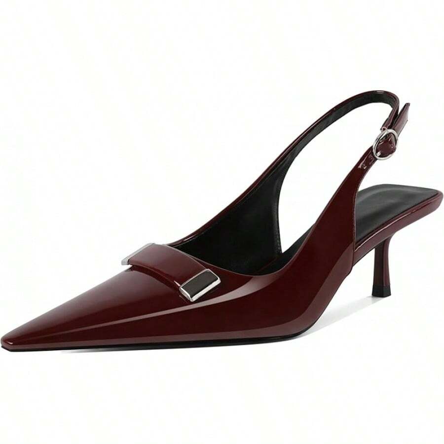 Women's Pointed Toe Slingback Heels Metal Buckle Ankle Strap Kitten Low Heel Pumps 2 Inch Stylish Retro Women Shoes-20256688 - Burgundy bằng sáng chế - Xem 1