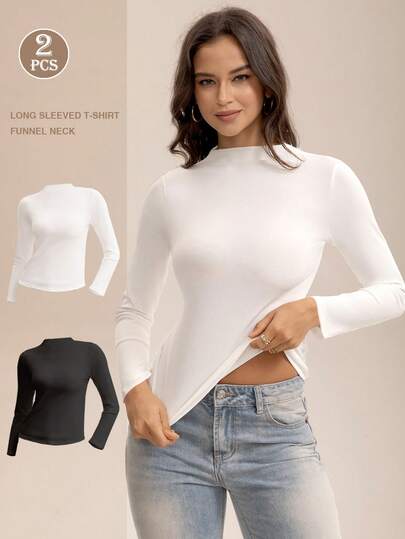 2 peças Camiseta Básica de Manga Longa Feminina para Outono e Inverno, Gola Semialto, Ajuste Justo, Alta Elasticidade, Cor Sólida, Estilo Simples Branco, Preto Elegante, Casual Versátil Estilo Preguiçoso, Camiseta Básica de Cor Clara, Combinação de Camiseta Básica Versátil para Uso Diário e Trabalho