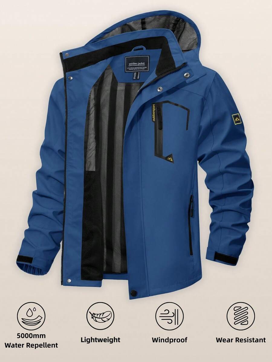 Men's Outdoor Hooded Raincoat Lightweight Hiking Jackets Breathable Waterproof Hiking Camping Windbreaker - 牛仔藍 - 查看 1