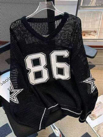 Plus Size Women's Summer Couple Matching Plus Size Loose Sweatshirt, Numeric Print Casual Relaxed Style Outerwear, Elegant Sheer Knit Top