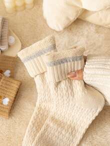 5 Pairs Women's Plush Thickened Warm Socks With Heart Pattern Design, Marled Color, Ideal For Daily Wear, Mid-Calf Length