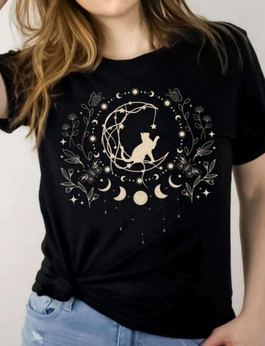 Mystical Cat Shirt Whimsigoth Shirt Mystical Shirt Celestial Shirt Whimsigoth Clothing Whimsigoth Fashion Goth Clothes Dark Cottagre Tee - 黑色 - 查看 1