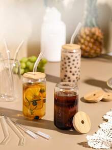 4/6pcs, 500ml/16.8oz Glass Cups, Transparent Glass Coffee Cups, Iced Coffee Cups, With Lids, Straws, Straw Brushes, Reusable, Suitable For Coffee, Milk Tea, Juice, Suitable For Various Scenarios Such As Restaurants, Bars, Commercial Use, Etc - 4個杯子+4個蓋子+4個吸管+4個吸管刷 - 查看 4