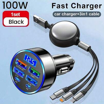 100W Fast Charging 6-In-1 Multi-Port Voltage Display Car Charger + 3-In-1 Fast Charging Retractable Data Cable Compatible With IPhone 16 Pro Max/16 Pro/16 Plus/16/15/14/13/12/11, S25/S24/S23/S22/S21/S20 Ultra Plus, Series Car Accessories