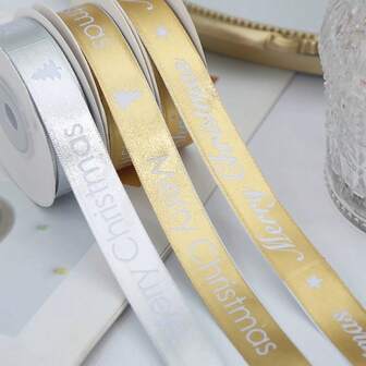 1 pieza 5 Yardas Cinta de Navidad con Impresión Dorada, Cinta de Satén de la Serie Navideña para Envolver Regalos, Decoración de Pasteles, Moños DIY