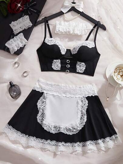 4pcs/Set New Sexy Women's Lingerie Set, Adjustable Straps, Front Slit Camisole, Triangle Panties, Waist Apron Decor, Semi-Sheer Lace Mini Skirt, Lace Elastic Bracelet, Lace Choker, Lace Patchwork, Comfortable Uniform Temptation Intimate Apparel Set